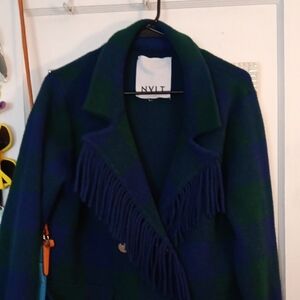 NVLT Women's Blue and Green Plaid Coat with Fringe, Large